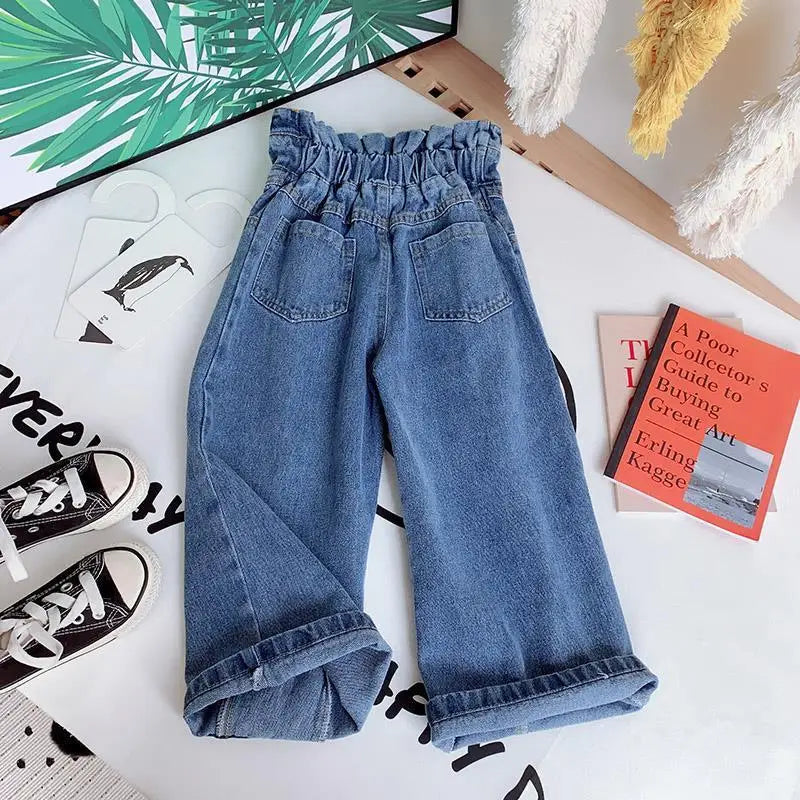 Kids Wide Leg Pants 2026 Autumn Winter New Personality Fashion Girls Hight-Waist Jeans Elastic Waist Button Pocket Casual Jeans