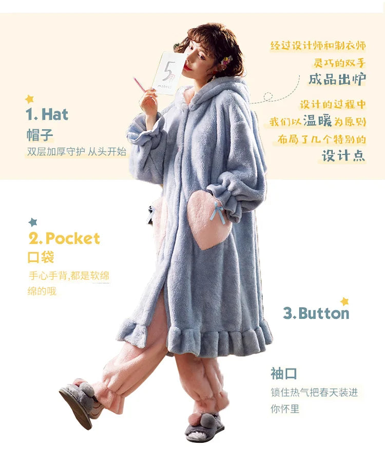 Winter Cute Women's Warm Pajamas With Pants Set Cartoon Sleeping Home Wear Suit Sleepwear Leisure Trend Pajama пижама женская