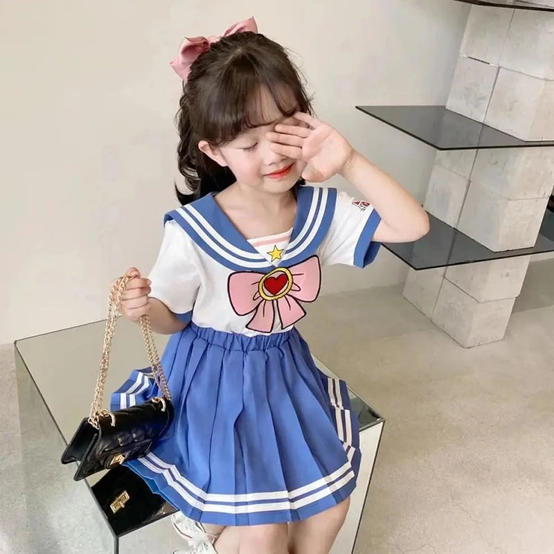 Baby Girls Clothes Sets Summer Bow Striped Tops Pleated Skirts Suits Cute Sailor Moon Cosplay Party Custume Children Clothes Set