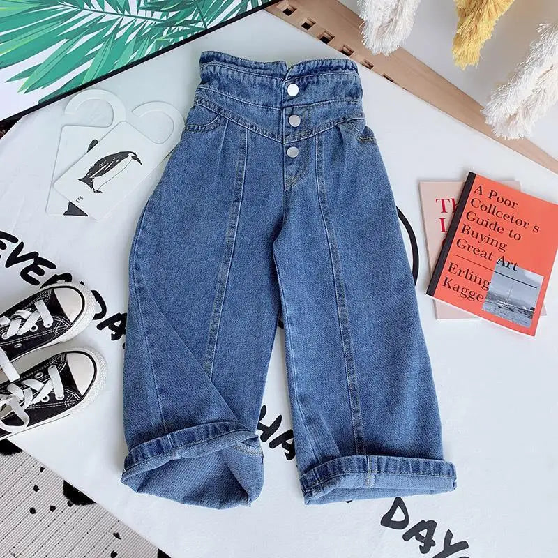 Kids Wide Leg Pants 2026 Autumn Winter New Personality Fashion Girls Hight-Waist Jeans Elastic Waist Button Pocket Casual Jeans