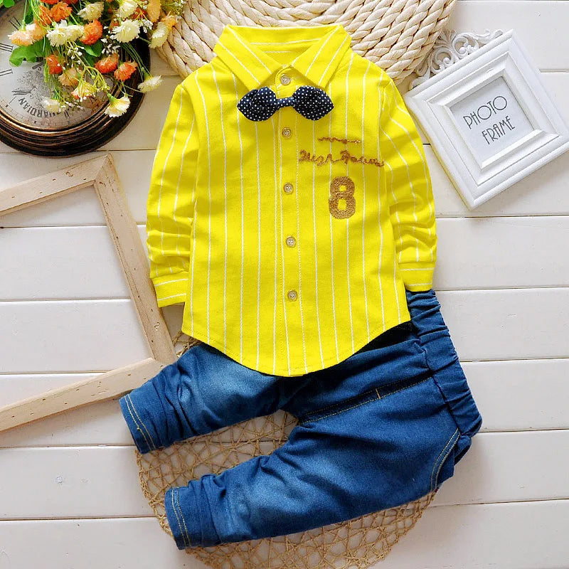 Kids Boys Clothes Baby Casual Bow Tie Shirt+Pants 2pcs Sets Summer Infant Denim Outfits Children Suits Toddler Clothing BC1219