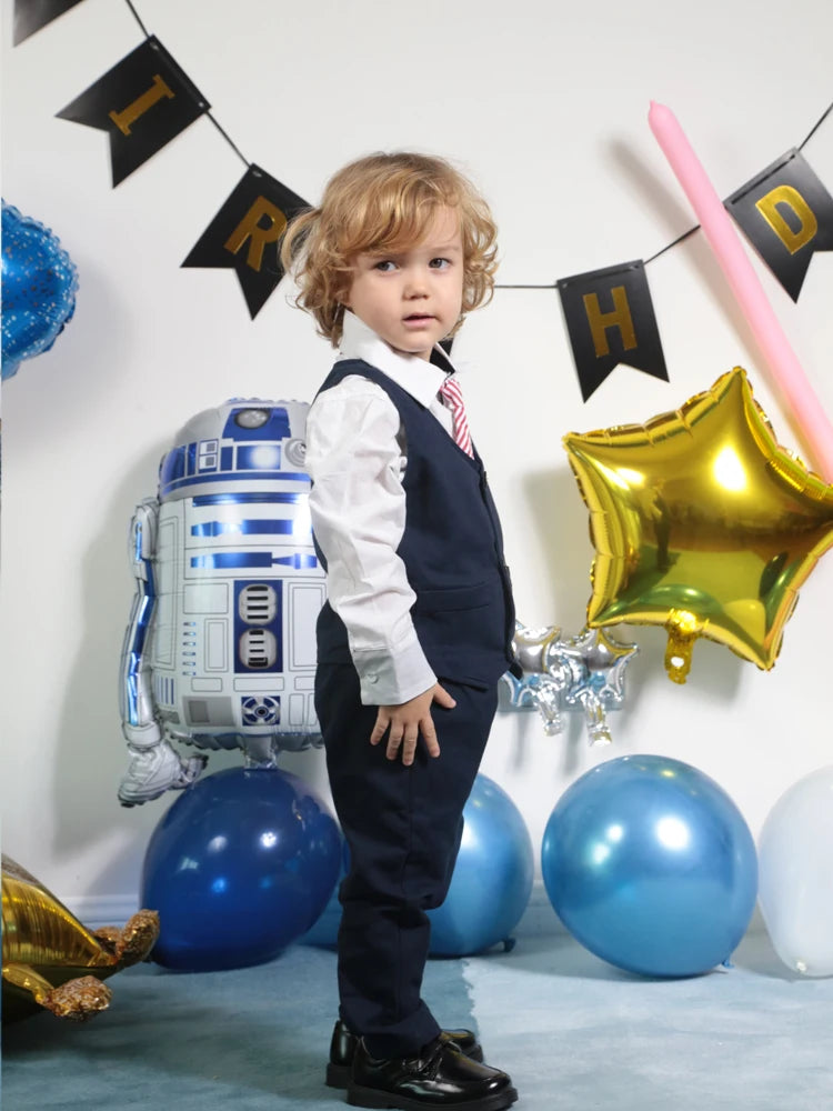 Baby Boy Formal Set Clothing with Tie Navy Vest Romper Pants for 9-36 Months Kids Suits Party Birthday Gentleman Clothes