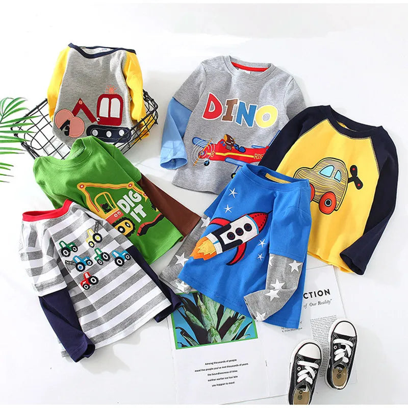 Boys T-shirt Kids Tees Baby Child Boy Cartoon Tops Spring Children Tee Long Sleeve Cotton Cars Trucks Bus Striped Autumn Shirt