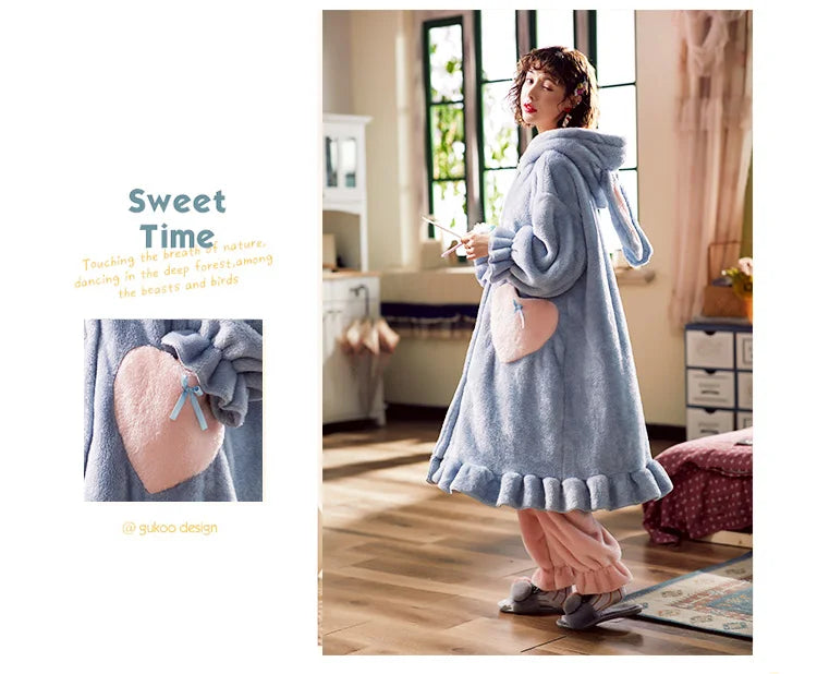 Winter Cute Women's Warm Pajamas With Pants Set Cartoon Sleeping Home Wear Suit Sleepwear Leisure Trend Pajama пижама женская