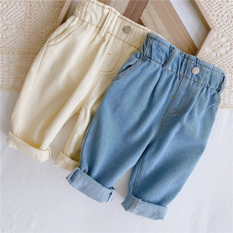 New Jeans Baby Girls Boys Pants High Waist Solid Color Outside Children's Trousers Autumn Winter Fashion Kids Cowboy Jeans 2024