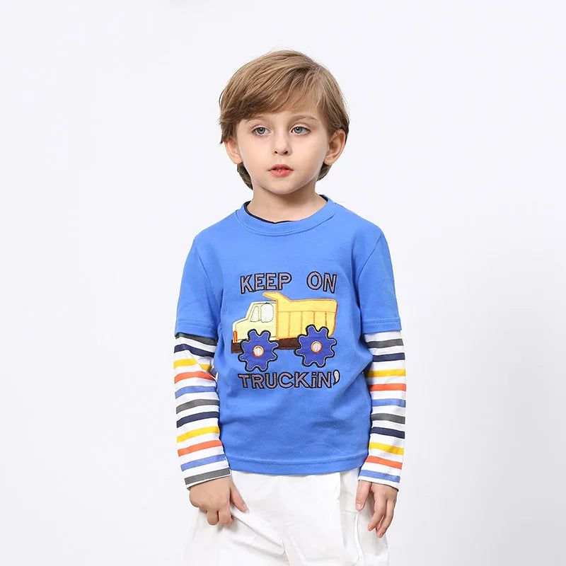 Boys T-shirt Kids Tees Baby Child Boy Cartoon Tops Spring Children Tee Long Sleeve Cotton Cars Trucks Bus Striped Autumn Shirt