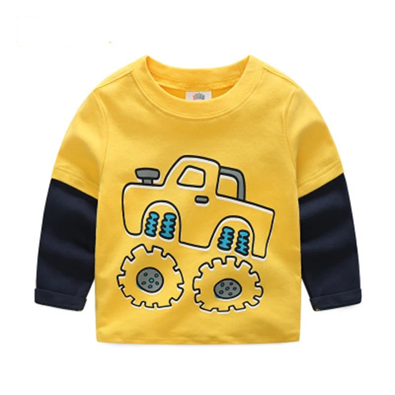 Boys T-shirt Kids Tees Baby Child Boy Cartoon Tops Spring Children Tee Long Sleeve Cotton Cars Trucks Bus Striped Autumn Shirt