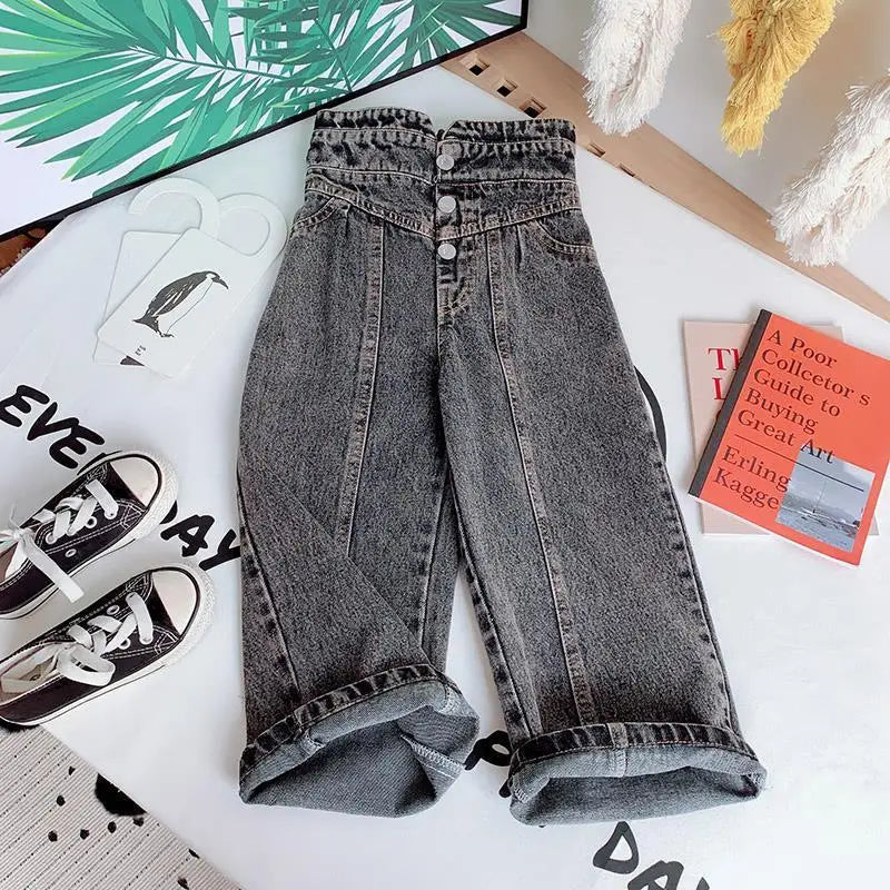 Kids Wide Leg Pants 2026 Autumn Winter New Personality Fashion Girls Hight-Waist Jeans Elastic Waist Button Pocket Casual Jeans