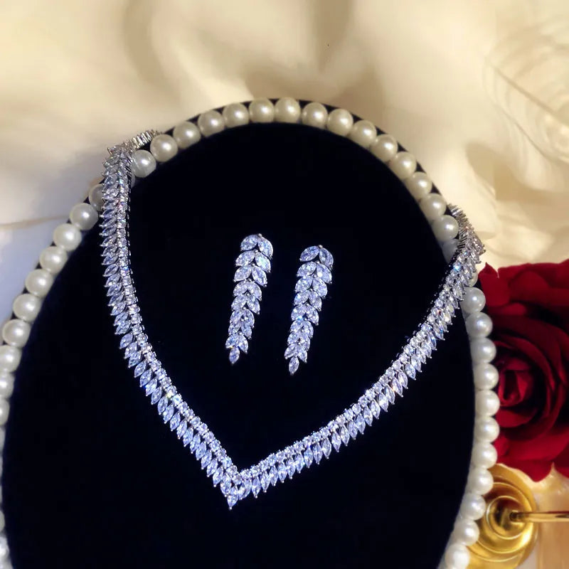 Fine Jewelry Sets For Women Sterling S925 Cubic Zirconia Leaves Bridal Drop Earrings Necklaces Pendants Set High Quality