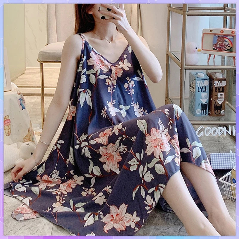 Night Dress Women Nightgowns Lace Sleepwear Floral Print Nightwear Women's Home Clothing Sleepwear Female Sexy Lingerie Gown