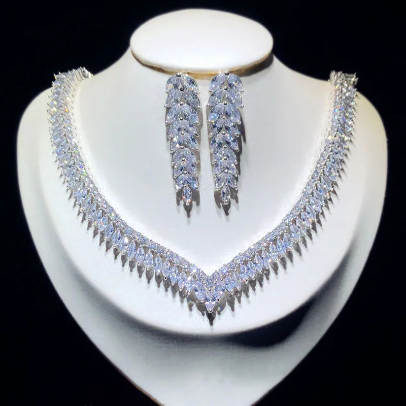 Fine Jewelry Sets For Women Sterling S925 Cubic Zirconia Leaves Bridal Drop Earrings Necklaces Pendants Set High Quality
