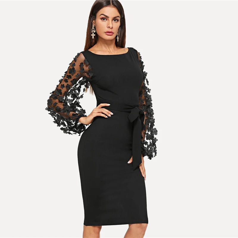 Elegant Women Dress Lace Flower Applique Contrast Mesh Sleeve Matching Form Belted Solid Mini Dress Streetwear Party Dresses