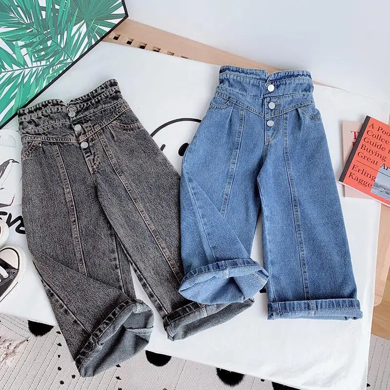 Kids Wide Leg Pants 2026 Autumn Winter New Personality Fashion Girls Hight-Waist Jeans Elastic Waist Button Pocket Casual Jeans