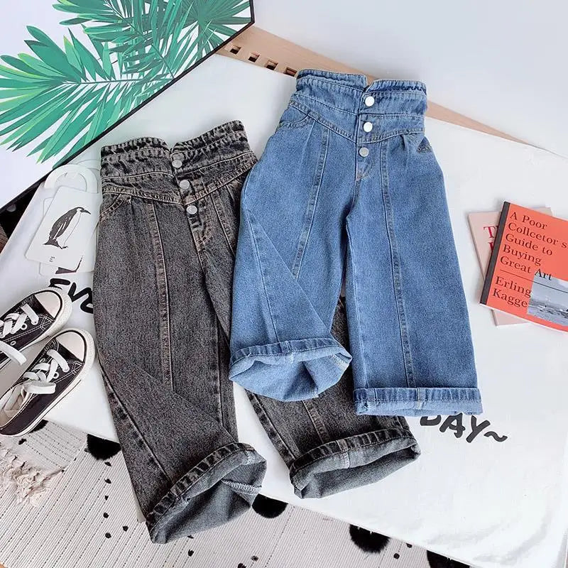 Kids Wide Leg Pants 2026 Autumn Winter New Personality Fashion Girls Hight-Waist Jeans Elastic Waist Button Pocket Casual Jeans