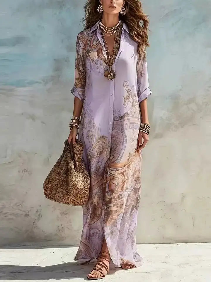 Elegant Shirt Dress for Women Chiffon Digital Print Turndown Collar Single-breasted Dresses Flowy Casual Boho Summer Clothing