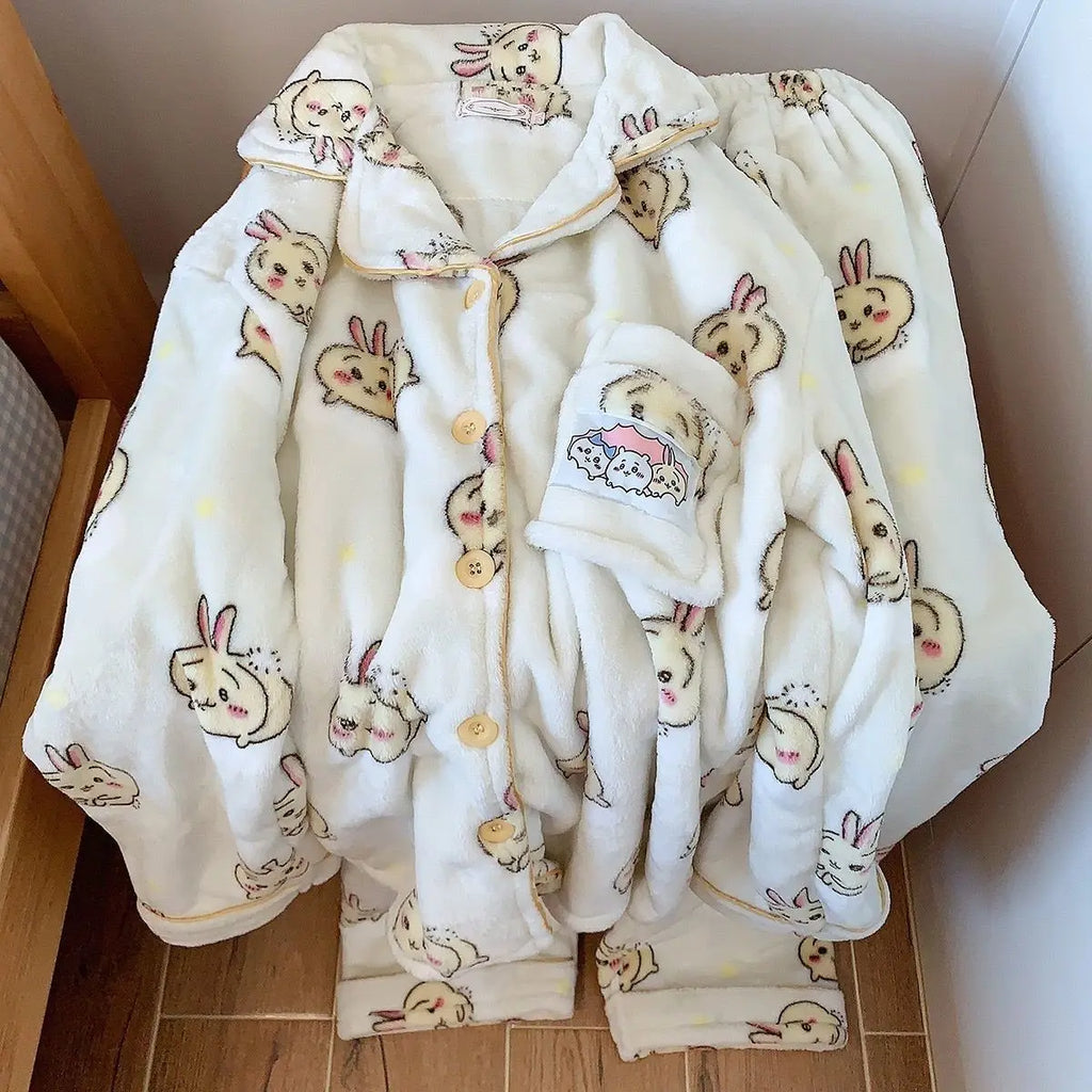 Anime Winter Girl Pajama Chiikawa Pajamas Usagi Hachiware Cartoon Pants Indoor Keep Warm Comfortable Thicken Leisure Homewear