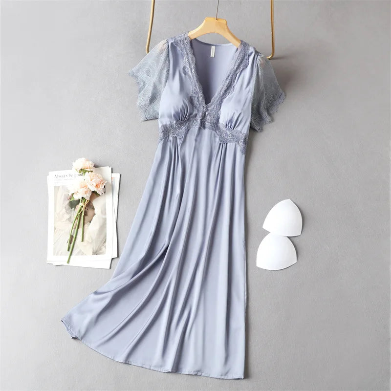 Sexy Nightdress for Women Summer Spring Home Dress V-Neck Nightgown Lace Sleeve Sleepwear Long Intimate Lingerie Nightwear