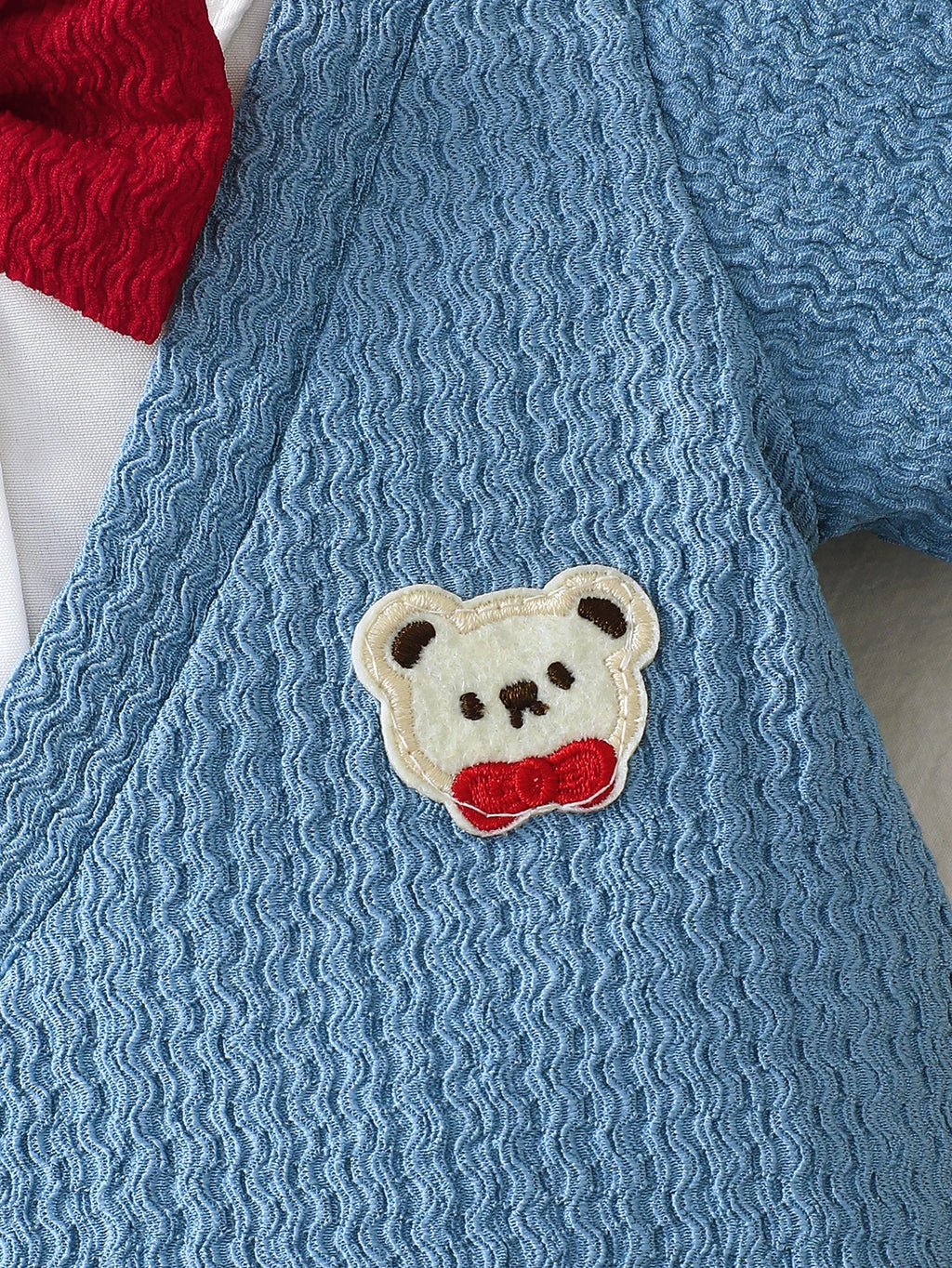 Infant and Toddler Boys' Romper, Stylish Casual Little Gentleman Style with a Faux Two-Piece Design, Short Sleeves, Solid Color, and Bear Embroidery