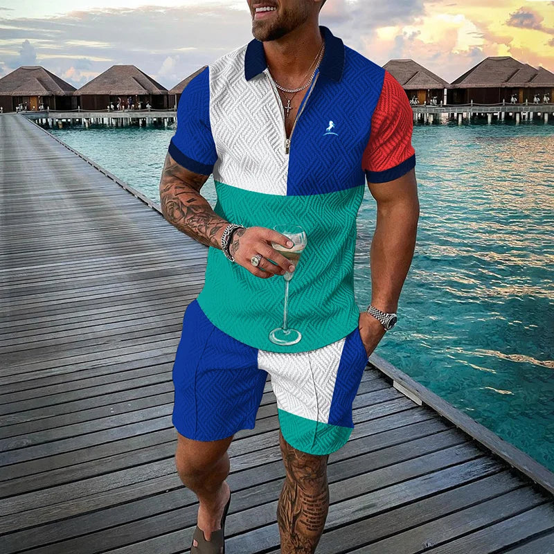 Men's Clothing Tracksuit Sets 3D Print Color Squares Pattern Casual Zipper Polo Shirt And Shorts 2pcs Sets Trend Streetwear Man