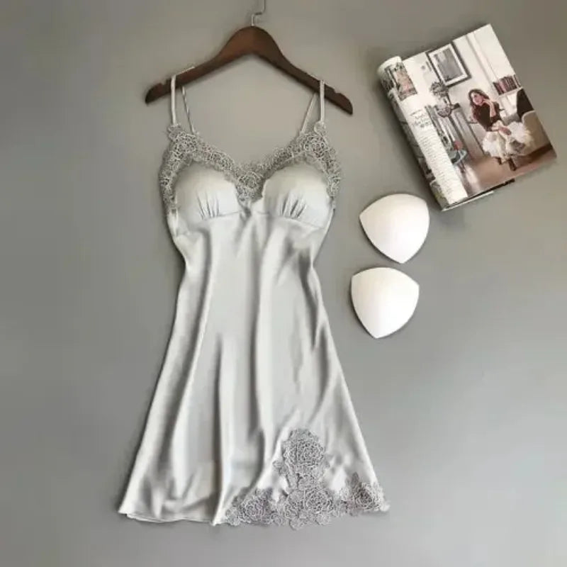 Women Nightgowns Sexy Nightwear Lace Patchwork Camisola Lingerie Nighty Wedding Silk Dress Sleep Wear Nightdress Clothes