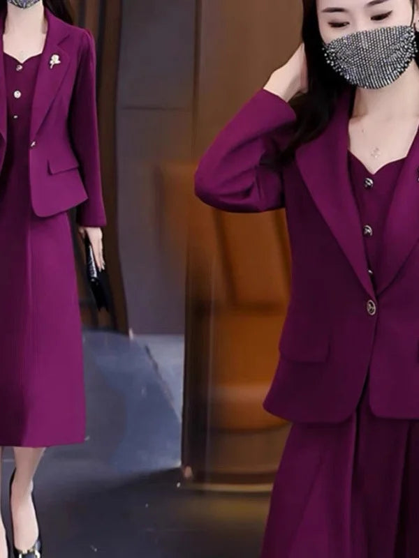 Women's Suit Coat Set Dress Thin Long Sleeve Two-Piece Set Spring Autumn High Waist A-Line Skirt Korean Style Commute Fashion