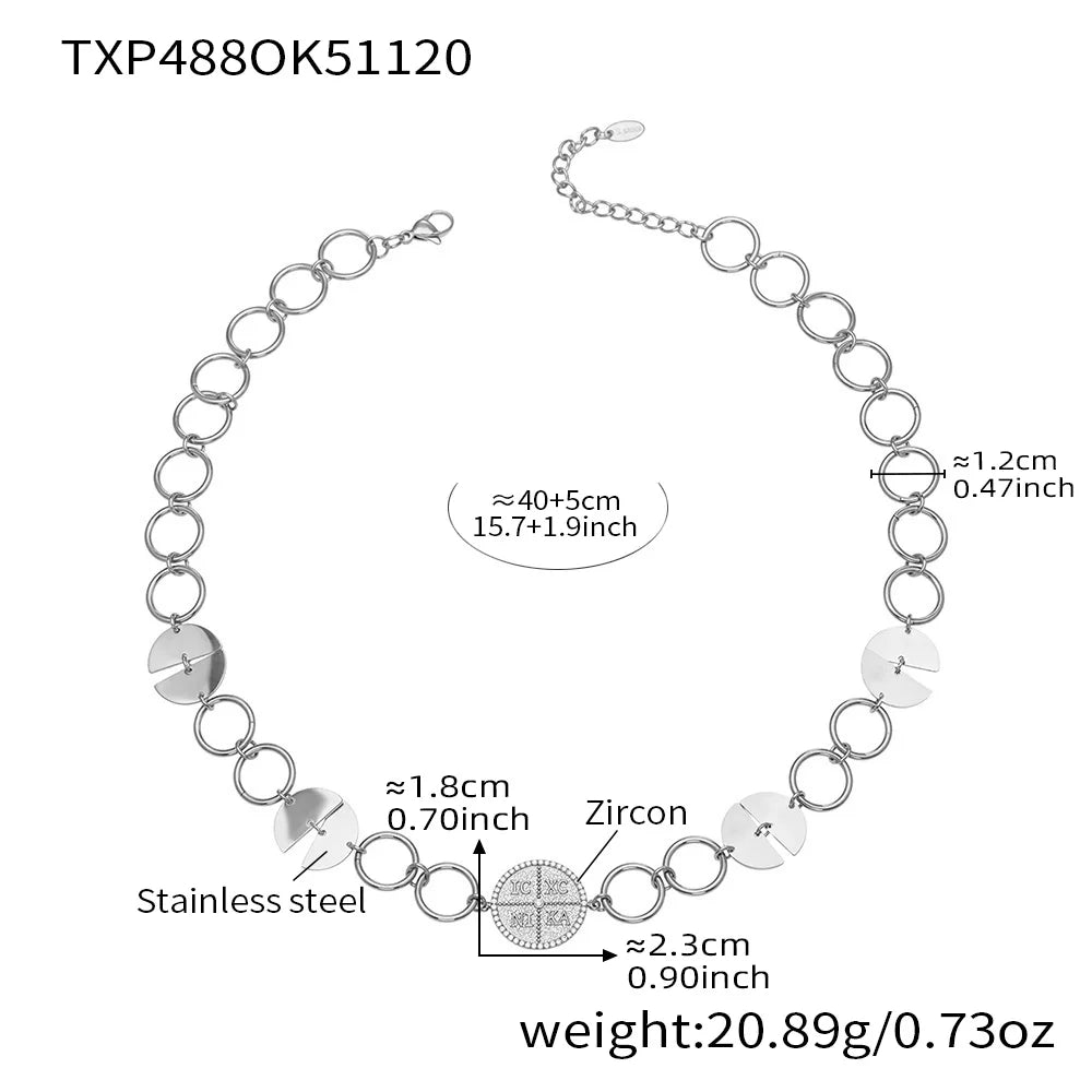 316 Stainless Steel Gold-Plated Large Circular Chain Necklace Choker Women's Shiny Round Zircon Golden Bracelet Jewelry Set