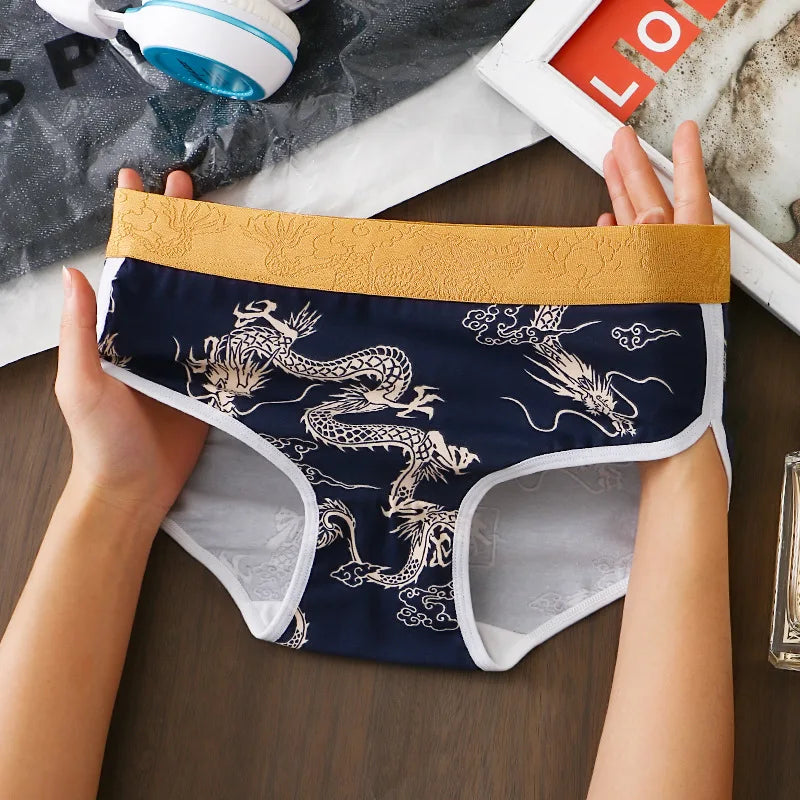 Cotton Women Panties Girls Soft Underwear Fashion Dragon Printed Mid Waist Briefs Breathable Comfortable Female Panty Lingerie