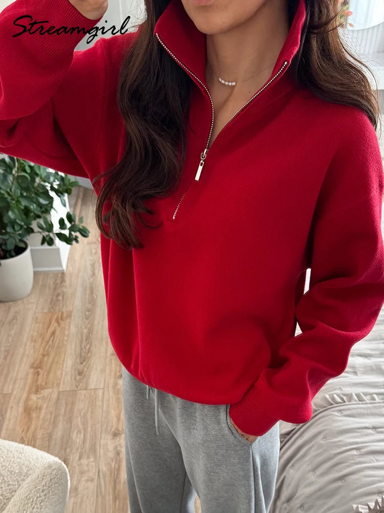 Winter Zipper Sweater Women Warm Oversize Turtleneck Pullovers Autumn Knitted Brown Sweaters Zip Up Women's Red Sweaters Thick