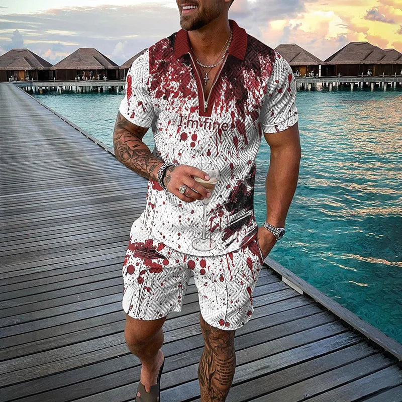 Men's Clothing Tracksuit Sets 3D Print Color Squares Pattern Casual Zipper Polo Shirt And Shorts 2pcs Sets Trend Streetwear Man
