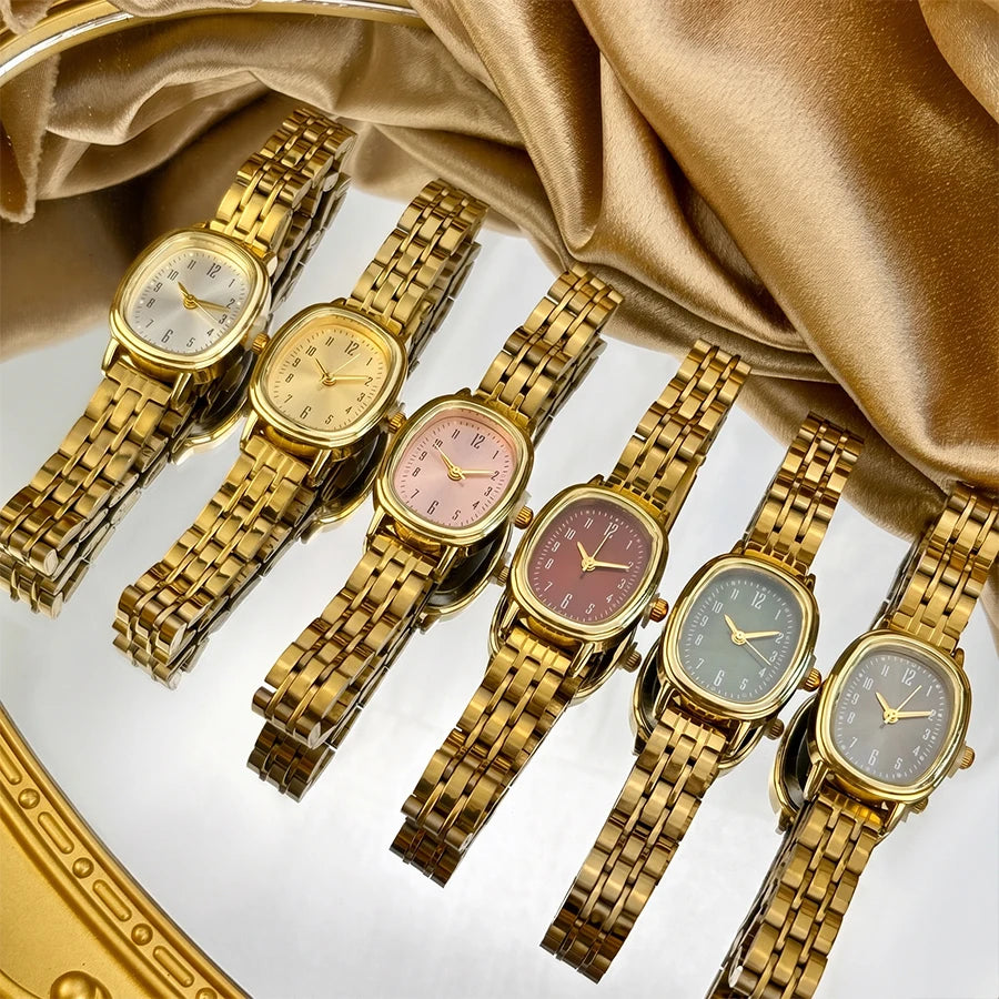 Minimalist Watch for Women: Gold Bean-Shaped Dial Slim Stainless Steel Band Delicate Simple Wrist Watch