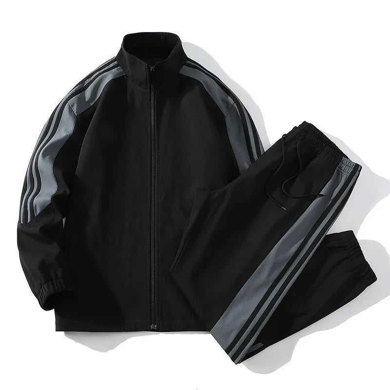 Men Fashion Tracksuit 2‑Piece Set, Stand Collar Zip‑Up Jacket & Drawstring Pants, Striped Casual Sports Outfit For Autumn Winter