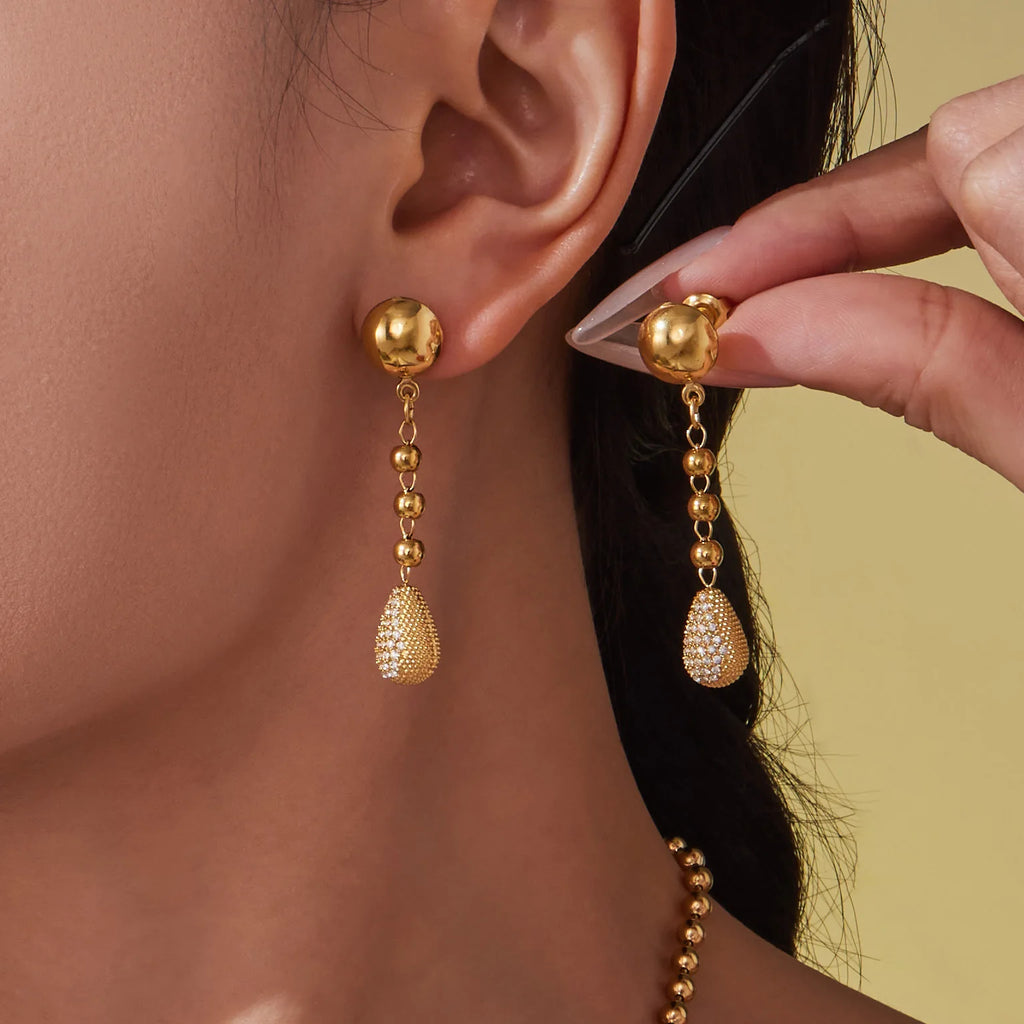 Stainless Steel Y Necklace for Women 18k Gold Plated Beaded Chain Inlaid Zircon Droplet Pendant Necklaces Matching Earrings