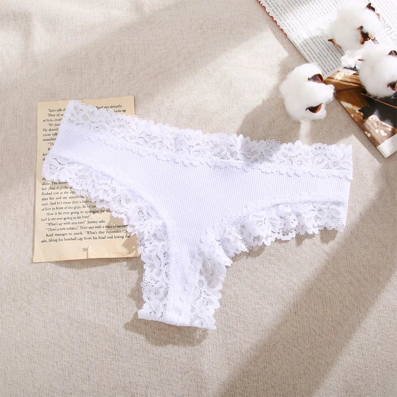 Women Cotton Panties Sexy Floral Lace Breathable Underwear Girls Ribbed Low-Waist Briefs Comfortable Bikini Solid Color Lingerie
