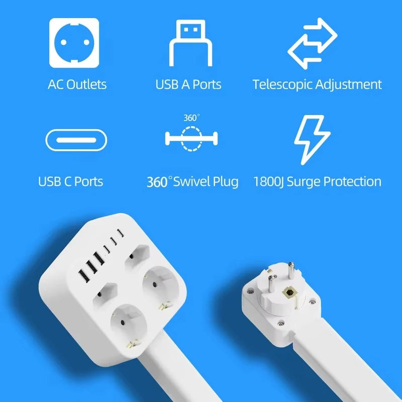Adjustable Length Electrical Outlet Extender EU US Plug Stretchable Plug Power Outlets Extender 180° 360° Retractable Socket