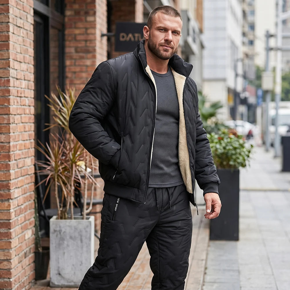 Winter Men Thermal Tracksuit 3Pcs Set, Fleece Lined Warm Quilted Coat Sleeveless Vest Elastic Waist Pants, Windproof Casual Spor