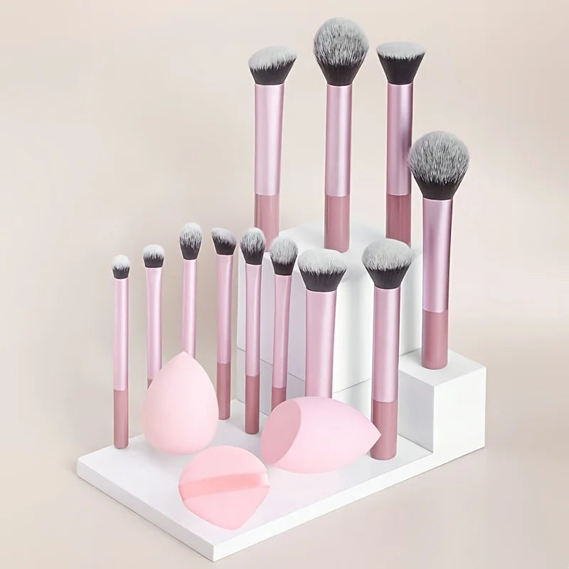 12Pcs Pink Makeup Brushes Set with 2 Beauty Sponges & Powder Puff, Soft Synthetic Hair Cosmetic Brush for Foundation Blush Eyesh