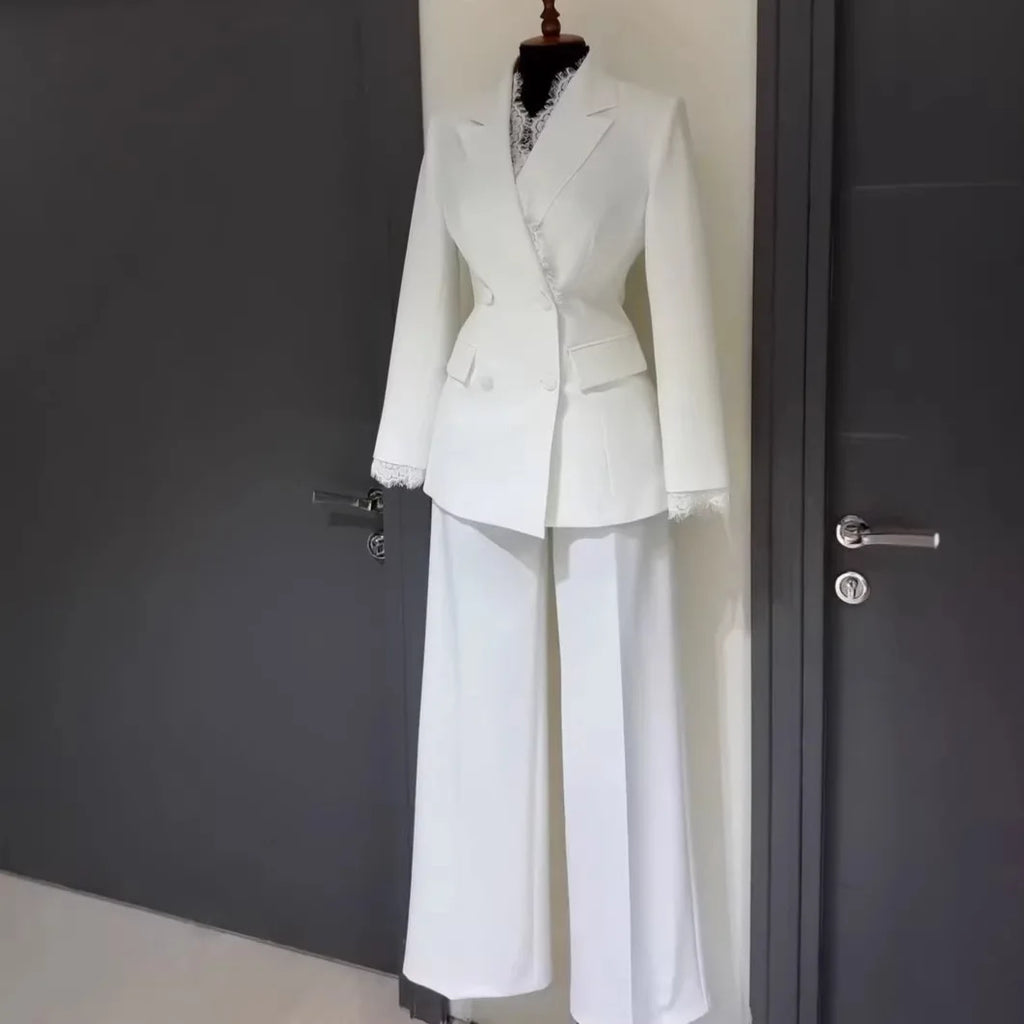 Women 2 Piece Suit Sets Lapel Full Sleeve Blazers Buttons Straight Long Pants Slim Fit Ensemble Work Evening Formal Lace Splice