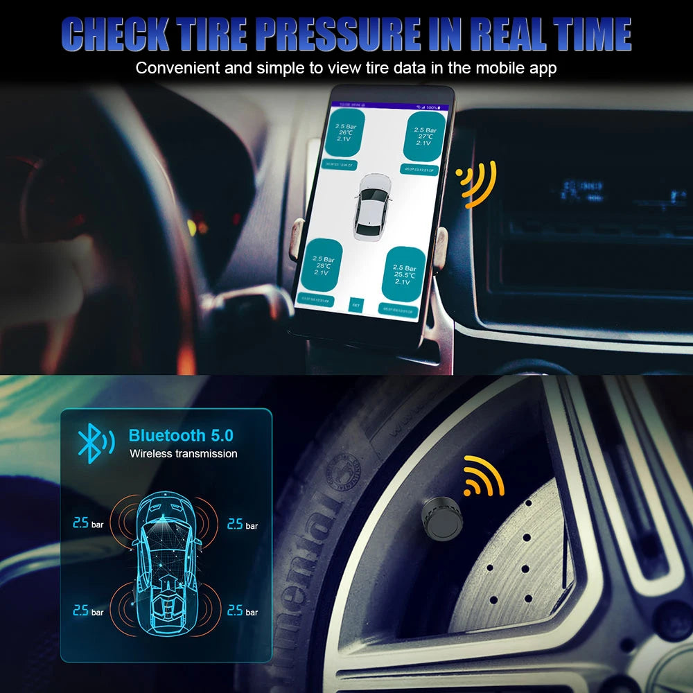 Mobile Phone APP Display Android/IOS Tire Pressure Monitoring System Bluetooth 5.0 Car Tire Pressure Sensors TPMS External