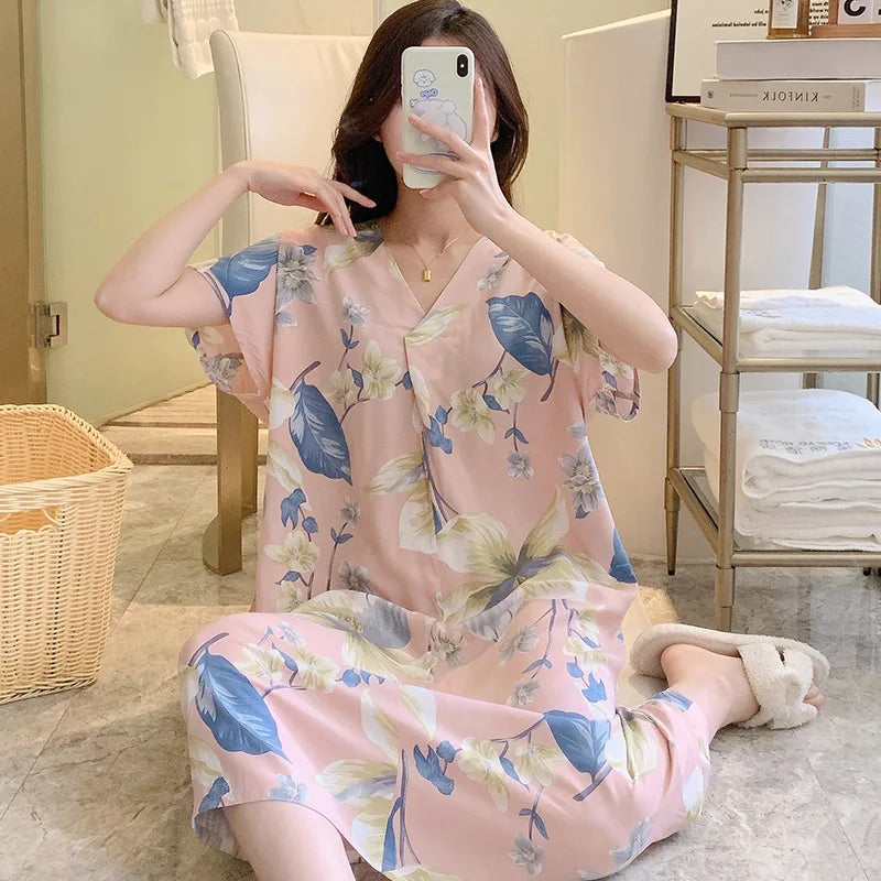Night Dress Women Nightgowns Lace Sleepwear Floral Print Nightwear Women's Home Clothing Sleepwear Female Sexy Lingerie Gown