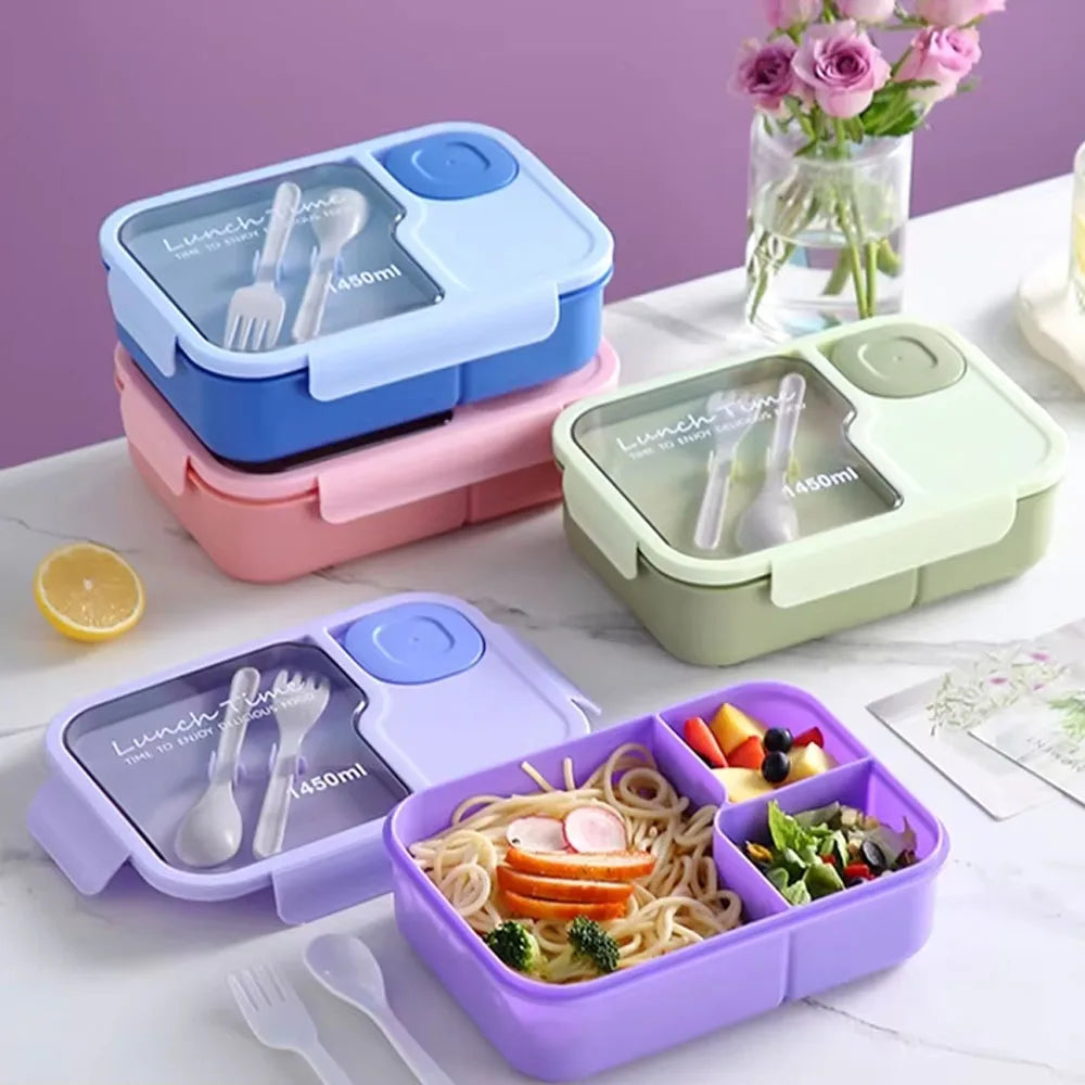 Bento Lunch Box Kid's Lunch Boxs Microwaveable BentoBox with Tableware Kawaii Heated 3 Grid Sandwich Snack Food Box Food Storage