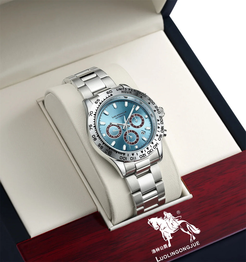 Luxury Series Business Men's Mechanical Watch, Three-Dial Six-Hand Multi-Function Fully Automatic Mechanical Watch, Men's Watch with Hollow Design, Fashionable Business Casual Watch, High-End Gift