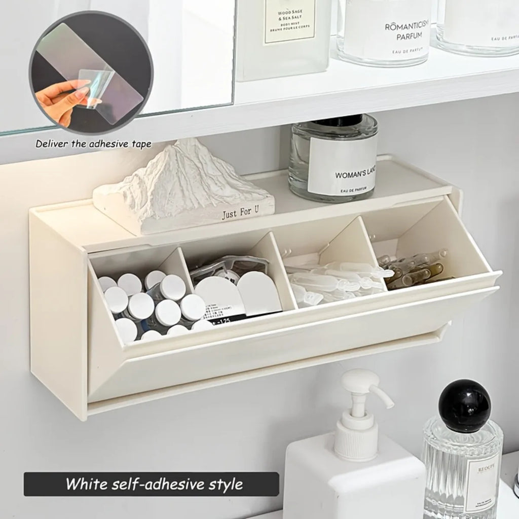Bathroom Organizer Wall Mounted Storage Box No Drill Adhesive Shelf Flip Top Compartment Space Saving Home Storage Solution