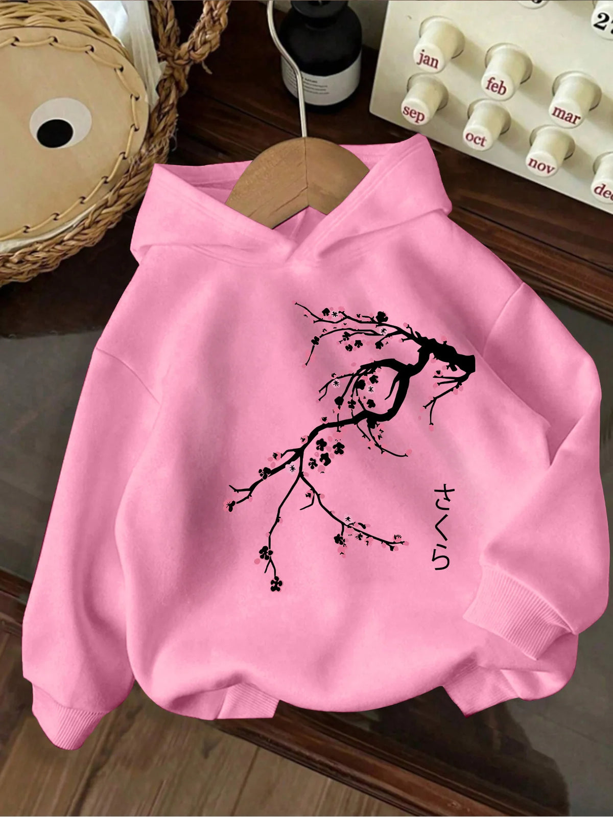 Kids' casual hoodie, Japanese style sweet cherry blossom print hooded sweatshirt, sweet and cool kids' casual top.