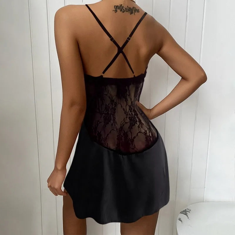 Night Wear Woman Sexy Suspend-Lace Low-Neck Nightdress Solid Color Breathable Sexy Night Lingeries Women Pajamas Dress Romantic