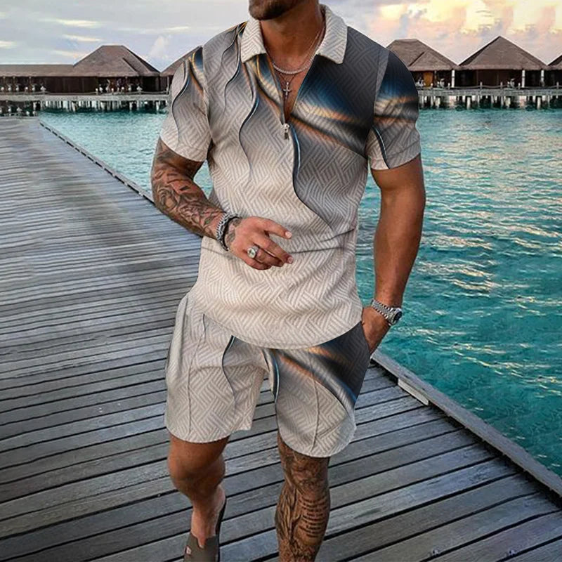 Men's Clothing Tracksuit Sets 3D Print Color Squares Pattern Casual Zipper Polo Shirt And Shorts 2pcs Sets Trend Streetwear Man
