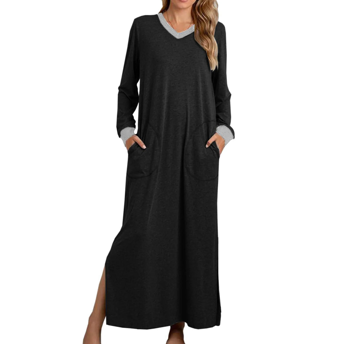 Women's Nightgowns V-Neck Long Sleeve Pajamas with Pocket Solid Color Long Dresses Sleepshirts for Women Soft Nightwear Robes
