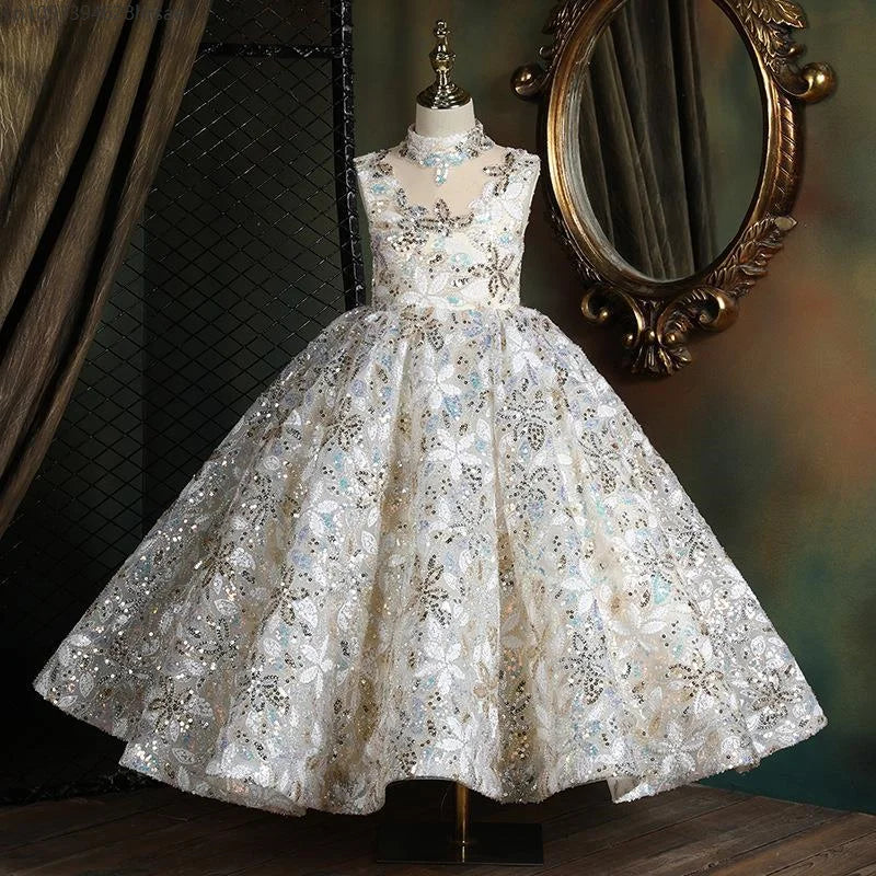 Girls Birthday Party Sleeveless Dress Sequin Flower Evening Dresses Piano Model Catwalk Performance Costumes Ball Gown