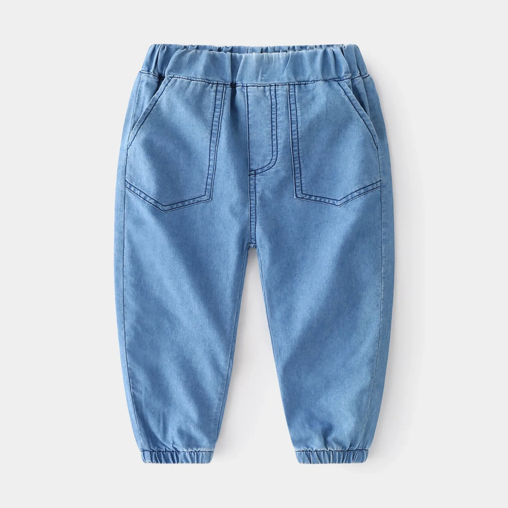 1-6Y Kids Boys Jeans Korean 2026 Spring Elastic Waist Denim Pants with Pockets Stylish Soft Autumn Casual Solid Color Trousers