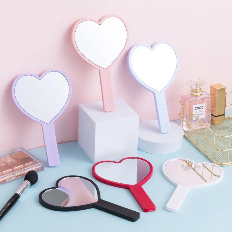 1PCS Heart Shaped Hand‑held Vanity Mirror With Handle Portable Cute Small Beauty Mirror Cosmetic Makeup Tool For Girls Women