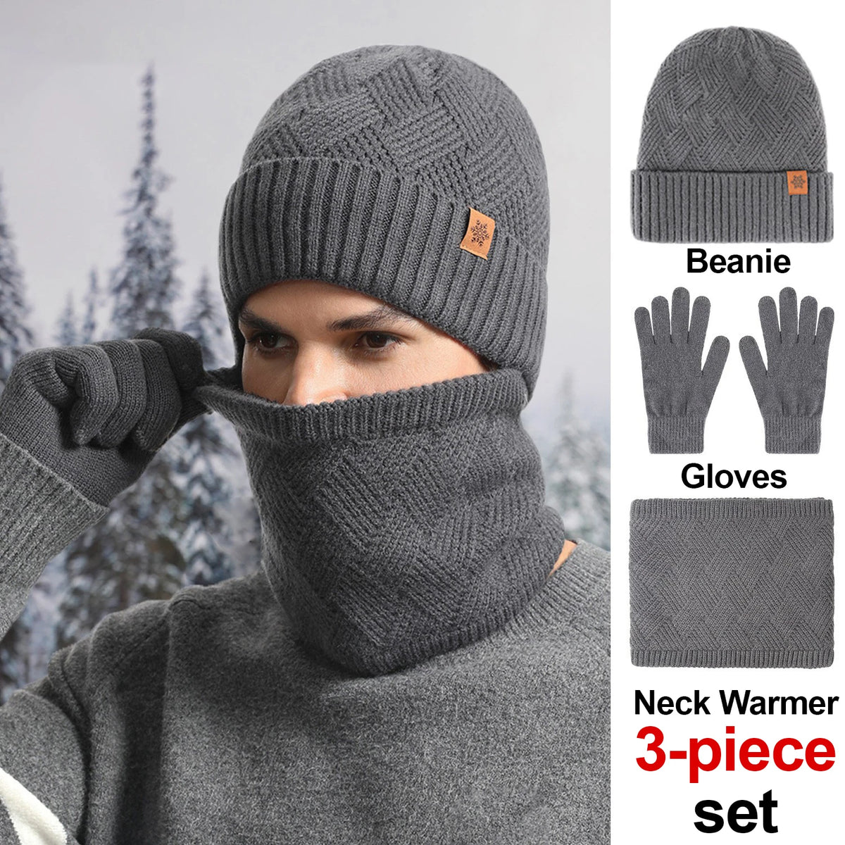 Men Winter Beanie Neck Gaiter Gloves 3-Piece Set Stretchy Thermal Fleece Outdoor Soft Knit Hat Neck Warmer Gloves Set Daily Wear